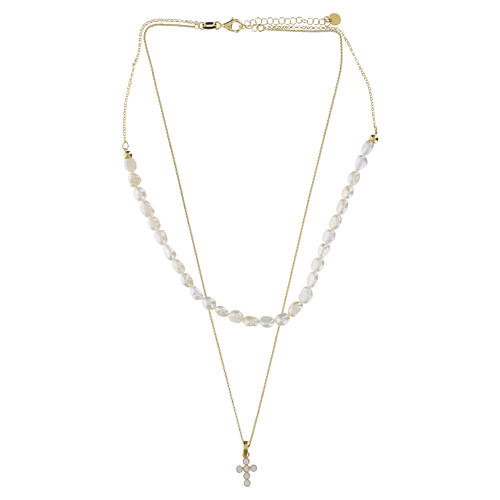 Double Necklace with Natural Pearls and White Zircon Cross Gold-Plated Sterling Silver, Benedictus 3