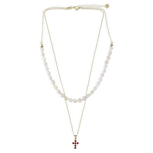 Double cross necklace by Benedictus, ruby rhinestones and natural pearls on gold-plated 925 silver 3