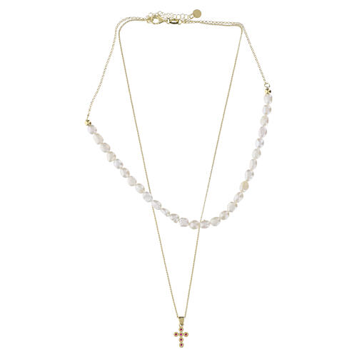 Double cross necklace by Benedictus, ruby rhinestones and natural pearls on gold-plated 925 silver 5
