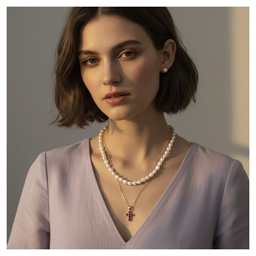 Collier double croix zircons rubis et perles naturelles argent doré Benedictus 2