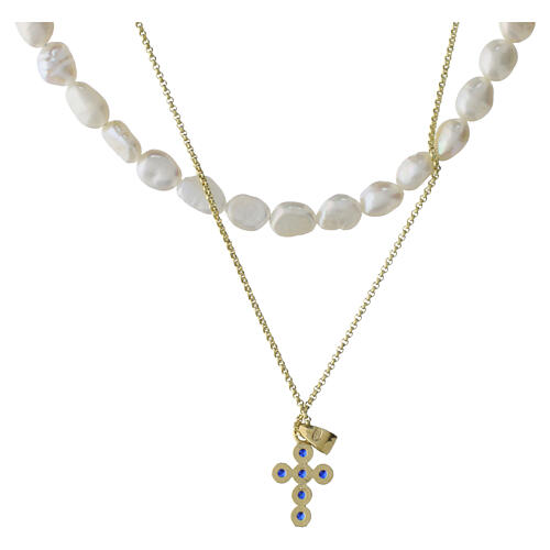 Double necklace by Benedictus with blue rhinestone cross and natural pearl strand, gold plated 925 silver 5