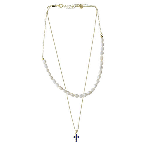 Collar doble cruz zircones azules giro perlas naturales Benedictus plata 925 dorada 3