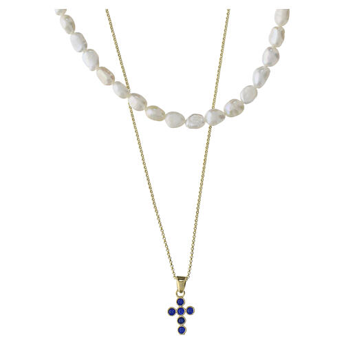 Collana doppia croce zirconi blu giro perle naturali Benedictus argento 925 dorato 4