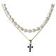 Collana doppia croce zirconi blu giro perle naturali Benedictus argento 925 dorato s1