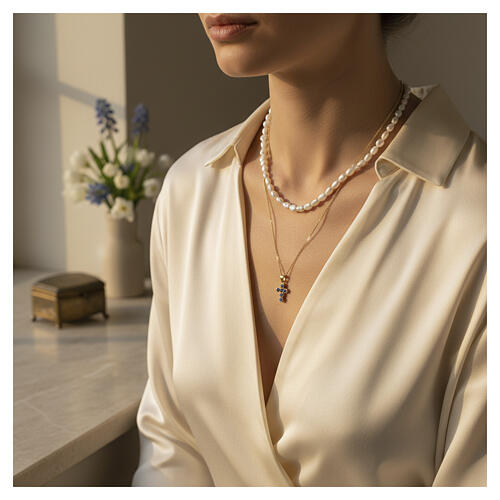 Double Cross Necklace with Blue Zircons and Natural Pearls Benedictus, 925 Silver Gold Finish 2