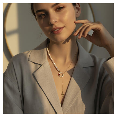 Benedictus gold-plated 925 silver necklace with circle, ruby-red rhinestones and natural pearls 2