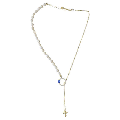 Natural pearl necklace with white and blue rhinestone circle by Benedictus, gold plated 925 silver 6