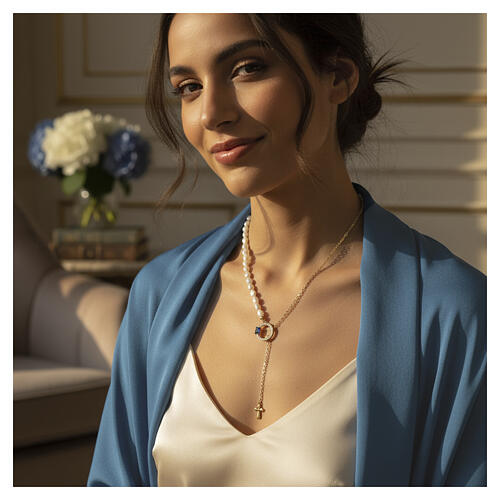 Collar perlas naturales círculo zircones azules blancos Benedictus plata dorada 2