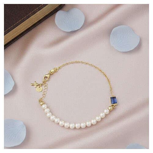 Benedictus Blue Baguette Zircon and Pearl Bracelet, Gold-Plated 925 Sterling Silver 2