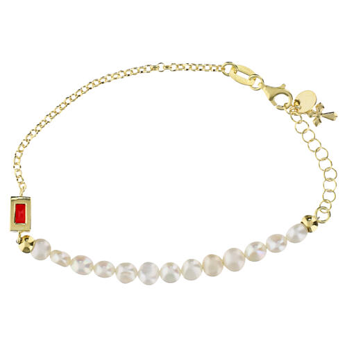 Gold plated 925 silver bracelet with natural pearls and ruby‑red rhinestone by Benedictus 3