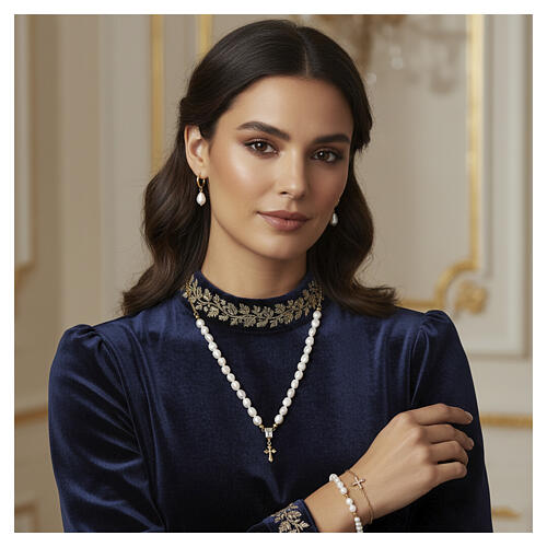 Natural pearl necklace with white baguette zircon cross, gold-plated 925 silver Benedictus 3
