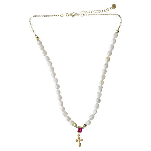 Collar cruz zirconia rubí perlas naturales Benedictus plata 925 dorada 5
