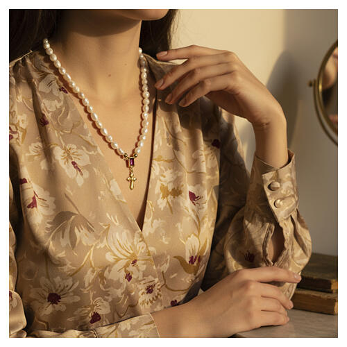 Ruby zircon cross necklace with natural pearls Benedictus gilded 925 silver 2
