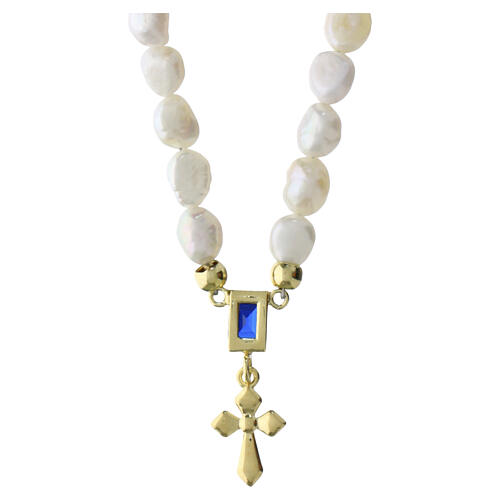 Natural pearl necklace with gold cross and blue rhinestone by Benedictus, gold-plated 925 silver 3
