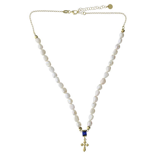 Natural pearl necklace with gold cross and blue rhinestone by Benedictus, gold-plated 925 silver 5