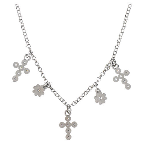 Benedictus silver necklace with cross and flower charms, white rhinestones, rhodium-plated finish 4