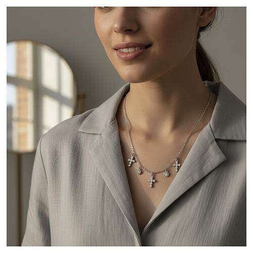 Collar plata colgantes cruces zircones blancos rodiada Benedictus 2