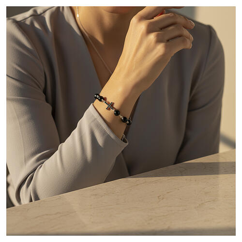 Benedictus rhodium-plated 925 sterling silver onyx bead bracelet with black zircon cross 2