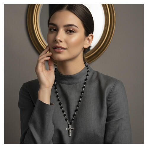 Benedictus Cross necklace with black zircons and 6 mm faceted onyx beads, 925 silver 2
