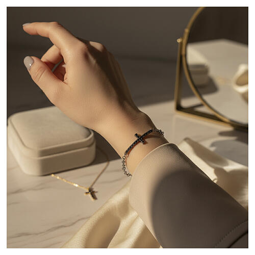 925 Sterling Silver Cross Bracelet with Ruthenium Finish and Black Zirconia, Benedictus 2