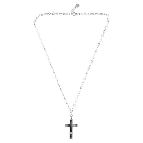 Benedictus rhodium-plated silver cross necklace with black rhinestones and flat chain 4