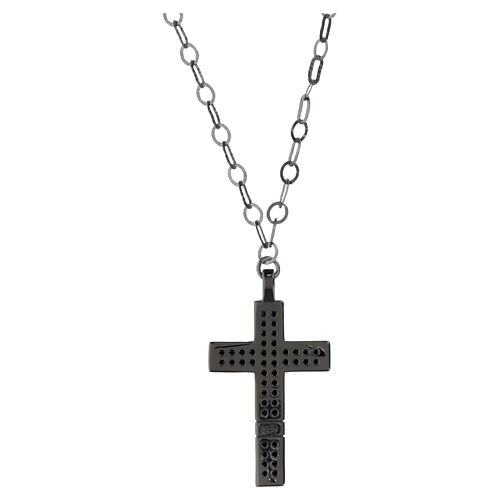 Collana croce pendente zirconi neri argento finitura rutenio Benedictus 3