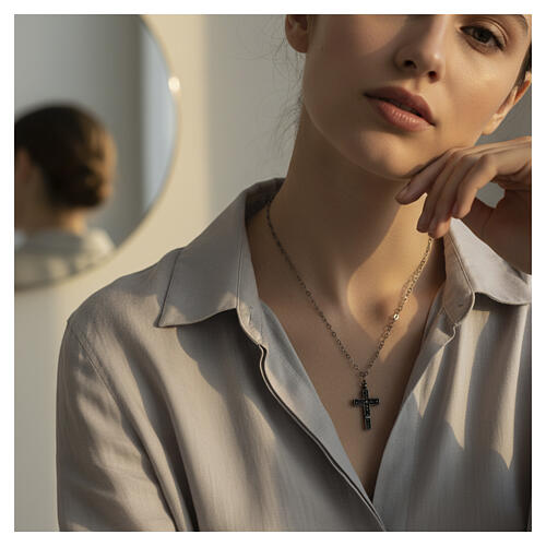 Benedictus Cross Pendant Necklace 925 Silver with Ruthenium Finish and Black Zirconia 2