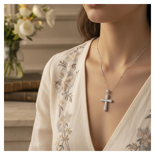 Rhodium-plated 925 silver necklace with domed cross, pavé of white rhinestones, Benedictus 2