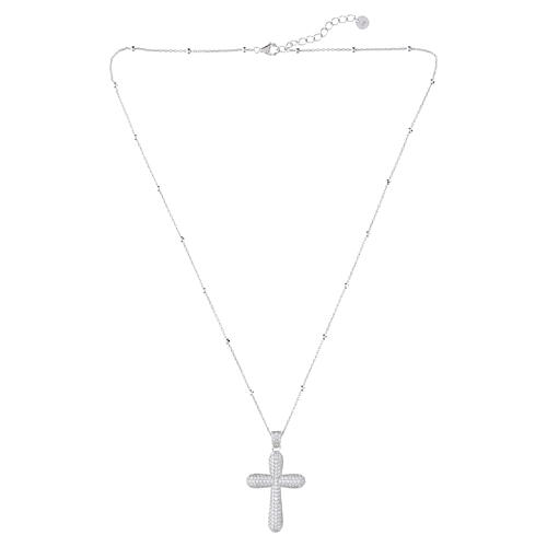 925 Rhodium-Plated Silver Necklace with Domed Cross Pave of White Zirconia, Benedictus 4
