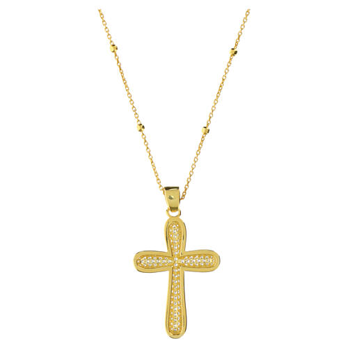Necklace with convex cross, white rhinestone pavé, gold plated 925 silver, Benedictus 3