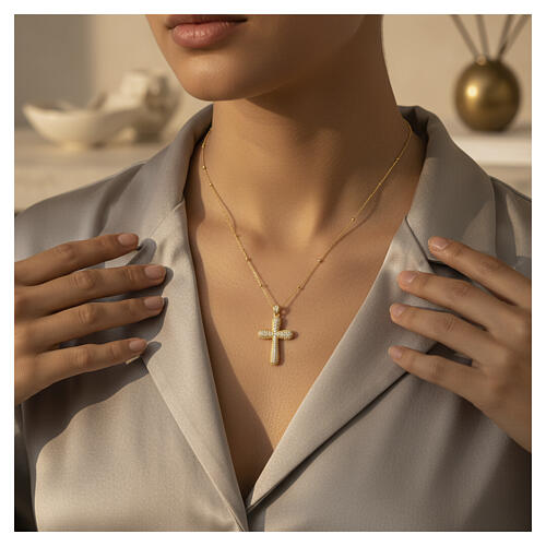 Benedictus Gold-Plated 925 Silver Domed Cross Necklace with White Zirconia Pave 2