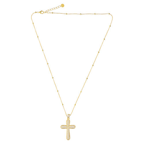 Benedictus Gold-Plated 925 Silver Domed Cross Necklace with White Zirconia Pave 4