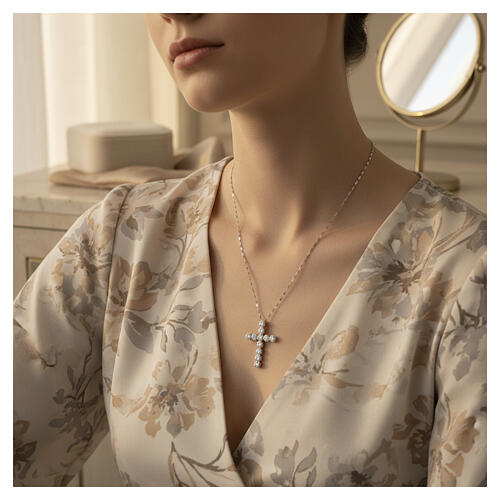Benedictus Rhodium-Plated Silver Cross Necklace with White Zirconia Circles 2