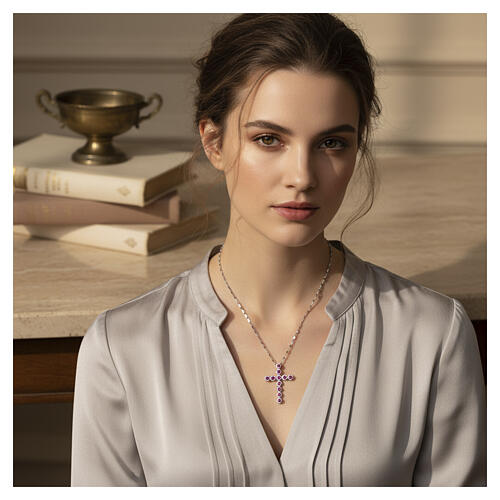 Benedictus 925 Silver Cross Pendant Necklace with White and Ruby Zirconia 2