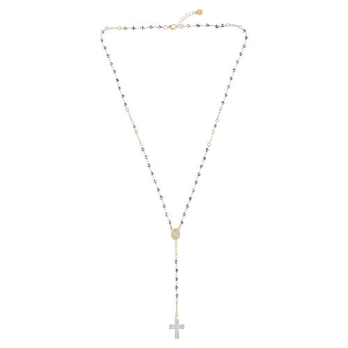 Terço jóia prata 925 banho de ouro hematita zircões brancos Benedictus 5