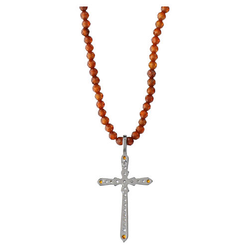 Orange Bead Necklace with 925 Silver Cross and White Zircons, Benedictus 3