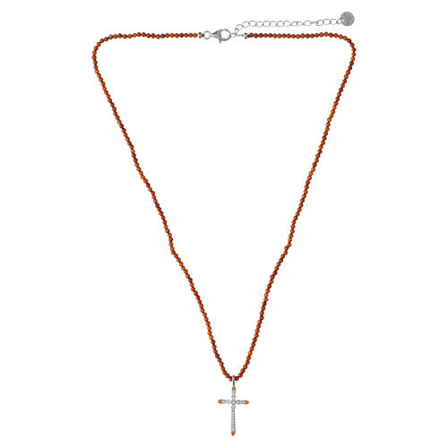 Orange Bead Necklace with 925 Silver Cross and White Zircons, Benedictus 4