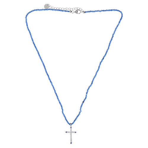 Collier perles bleues croix zircons blancs argent 925 Benedictus 4