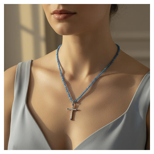 Benedictus Blue Bead Necklace with Cross Set with White and Blue Cubic Zirconia 925 Sterling Silver 2
