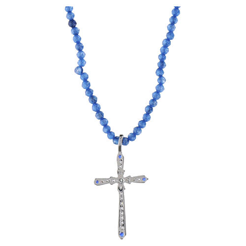 Benedictus Blue Bead Necklace with Cross Set with White and Blue Cubic Zirconia 925 Sterling Silver 3