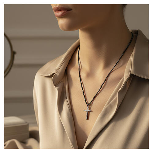 Collana argento 925 rutenio perline nere zirconi bianchi Benedictus 2