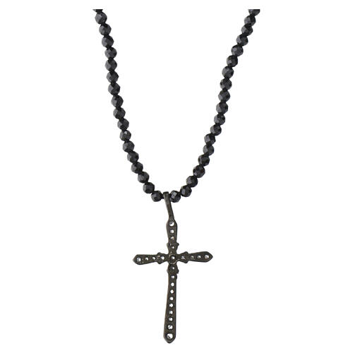 925 Sterling Silver Cross Necklace with Ruthenium Finish, Black Beads and White Zircons, Benedictus 3