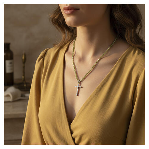 Green Bead Necklace with Rhodium-Plated Silver Cross and White Zirconia, Benedictus 2
