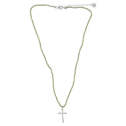 Green Bead Necklace with Rhodium-Plated Silver Cross and White Zirconia, Benedictus 3