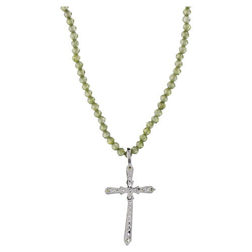 Green Bead Necklace with Rhodium-Plated Silver Cross and White Zirconia, Benedictus 4