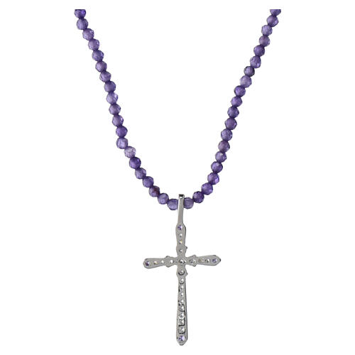 925 Sterling Silver Cross Necklace with White and Purple Zircons, Benedictus 3