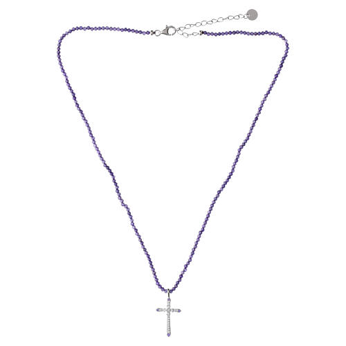 925 Sterling Silver Cross Necklace with White and Purple Zircons, Benedictus 4