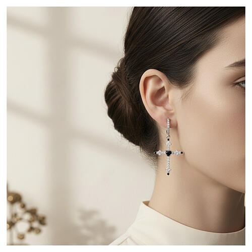 Benedictus cross earrings with white rhinestones and black heart, rhodium-plated 925 silver 2