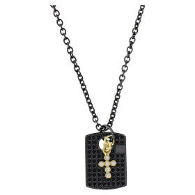 Military tag necklace by Benedictus with black rhinestones and hanging cross, ruthenium-plated 925 silver