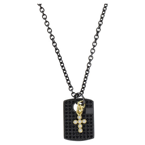 Dog-tag Necklace with Black Zirconia and Hanging Cross, 925 Silver with Ruthenium, Benedictus 1